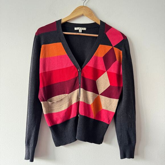 Cabi Cardigan Womens Medium Gray Pink Striped V-Neck Preppy‎ Academia Classic - Picture 1 of 9